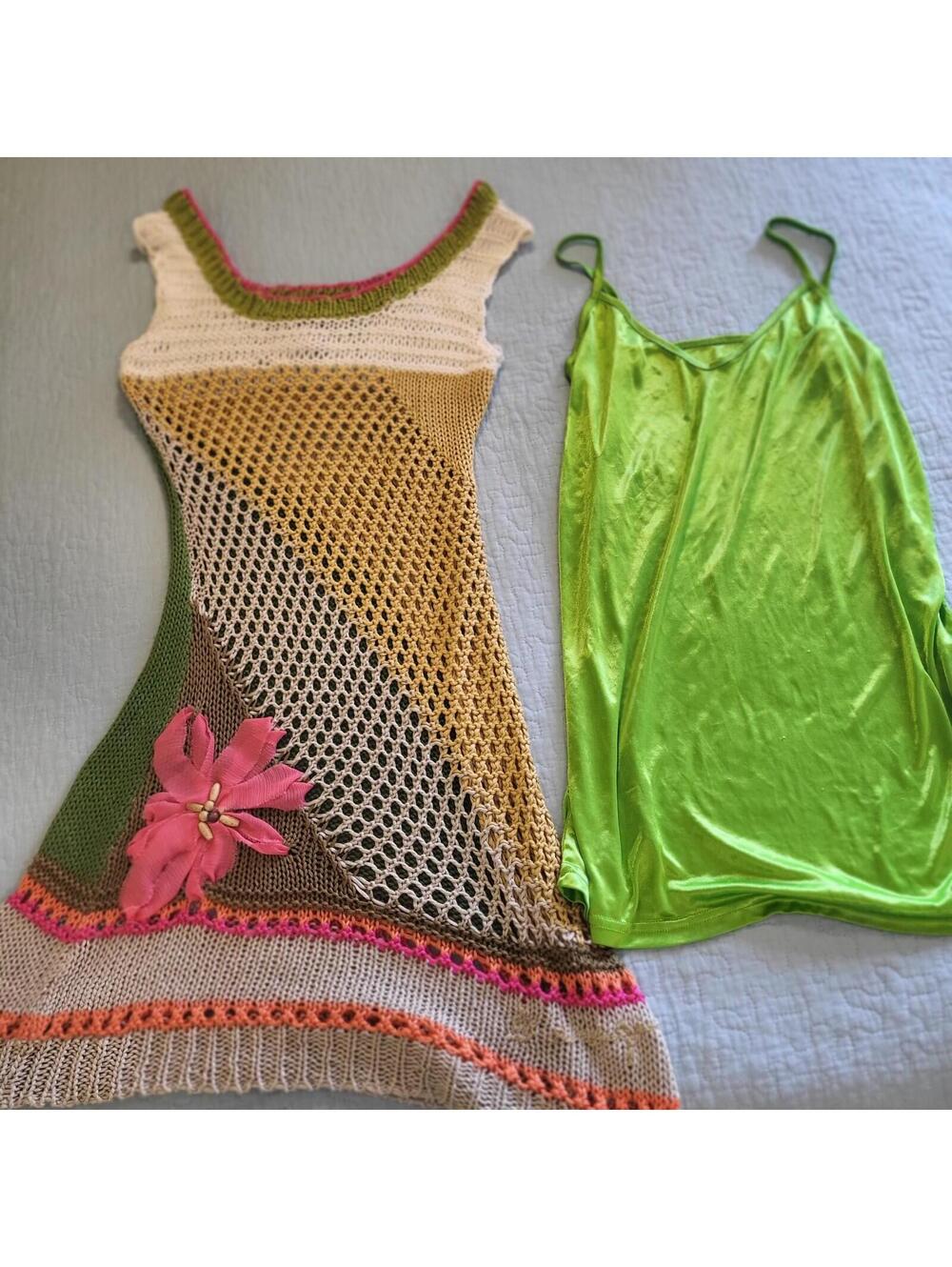 VTG 1990 Desigual crochet mini dress included lime green spaghetti strap slip SM